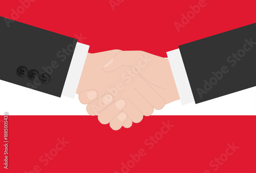Two Businessman Shaking Hand in front of Flag of Austria. Vector Illustration.