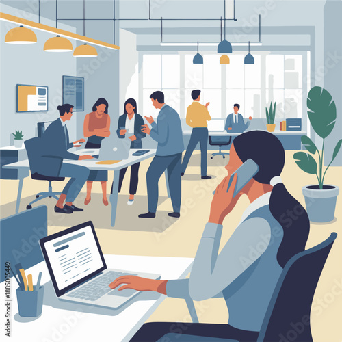 Modern Office Scene with Professionals Collaborating and Working in an Open Workspace Illustration