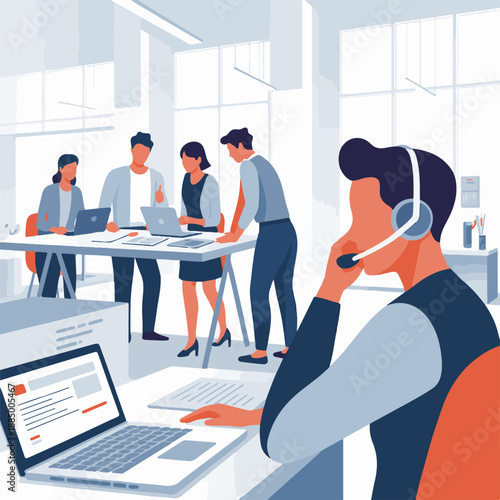 Modern Office Workspace with Customer Support Agent and Collaborative Business Team Illustration