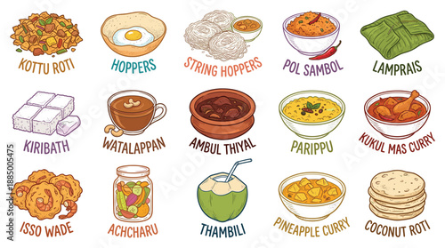 Vibrant illustration showcasing sixteen Sri Lankan dishes arranged in four rows, presented from an overhead view, highlighting cultural heritage and culinary diversity