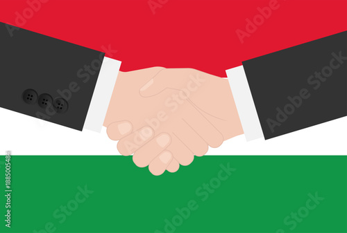 Two Businessman Shaking Hand in front of Flag of Hungary. Vector Illustration.