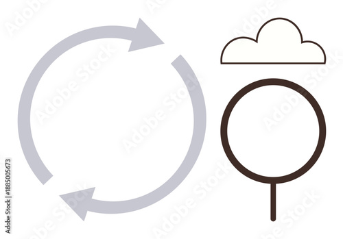 Sustainability, recycling, climate action, eco-friendly practices, natural resources, environmental conservation. Circular arrows with a cloud and tree outline. Recycling and sustainability concepts