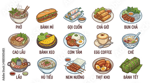 A vibrant illustrated showcase of sixteen iconic Vietnamese dishes arranged in four rows on a white backdrop, viewed from a straight-on perspective highlighting culinary diversity