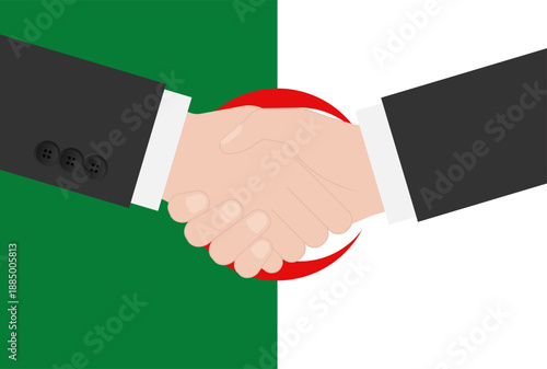 Two Businessman Shaking Hand in front of Flag of Algeria. Vector Illustration.