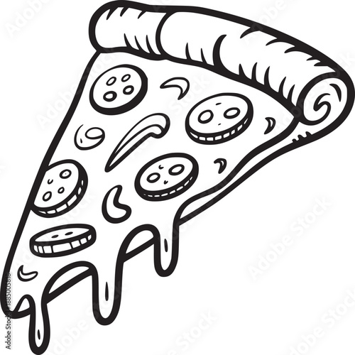 A black and white drawing of a pizza slice with pepperoni and dripping cheese illustration style