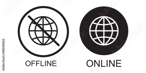 Set of online and offline internet icons, red and green vector symbols including globe with no signal and full signal, ideal for network status graphics, internet connectivity design