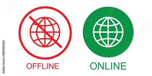 Set of online and offline internet icons, red and green vector symbols including globe with no signal and full signal, ideal for network status graphics, internet connectivity design