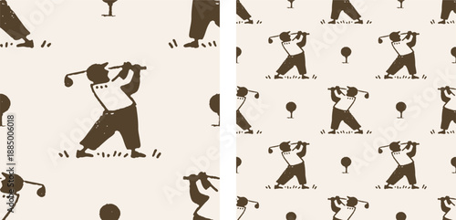 Golf Swing Seamless Pattern with Minimalist Golfer Silhouette and Course Icons in Brown