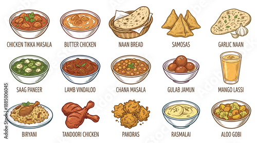 A Vibrant Cartoon Showcase of 16 Traditional Dishes Displayed on a Clean White Background from a Friendly Front‑View Perspective