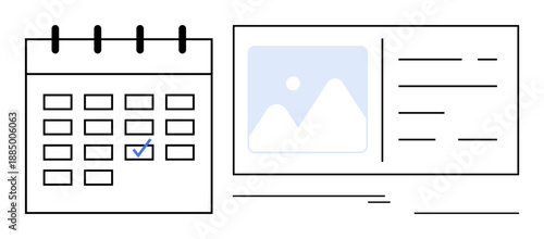 Calendar with marked date next to document preview featuring text and image placeholders. Ideal for planning, productivity, organization, scheduling, meetings, digital tools, teamwork. Simple flat