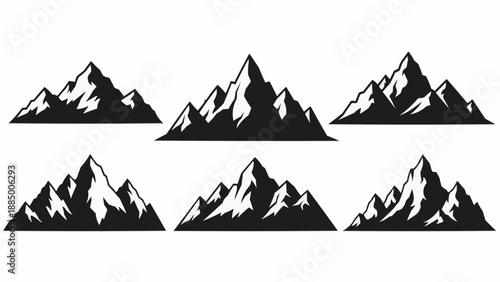 Set of six stylized mountain range silhouettes isolated on white background.