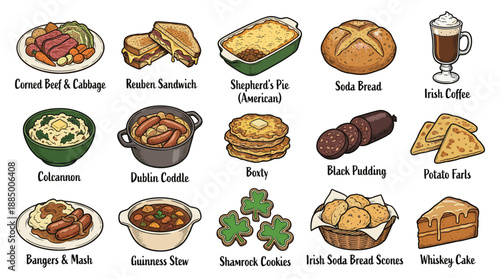 Showcasing Traditional Irish Food and Drink Illustrations Arranged in Four Rows on a Clean White Background, Presented from a Top-Down Grid View