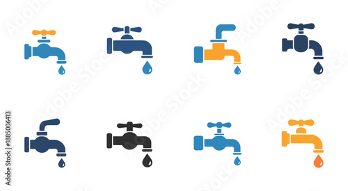 Colorful water tap icons, dripping water drop vector design for plumbing services