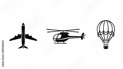 Set of three different aircraft icons including airplane helicopter and hot air balloon.