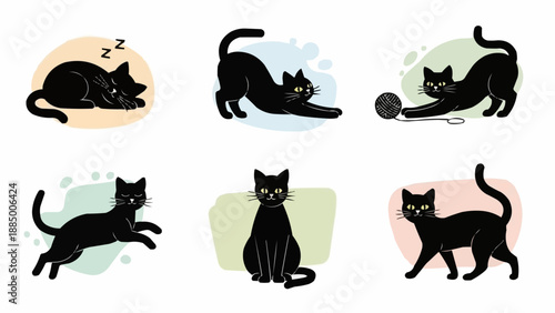 Set of six black cats in different poses and activities.