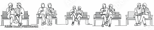 line art of an old couple sitting on a park bench drinking coffee together