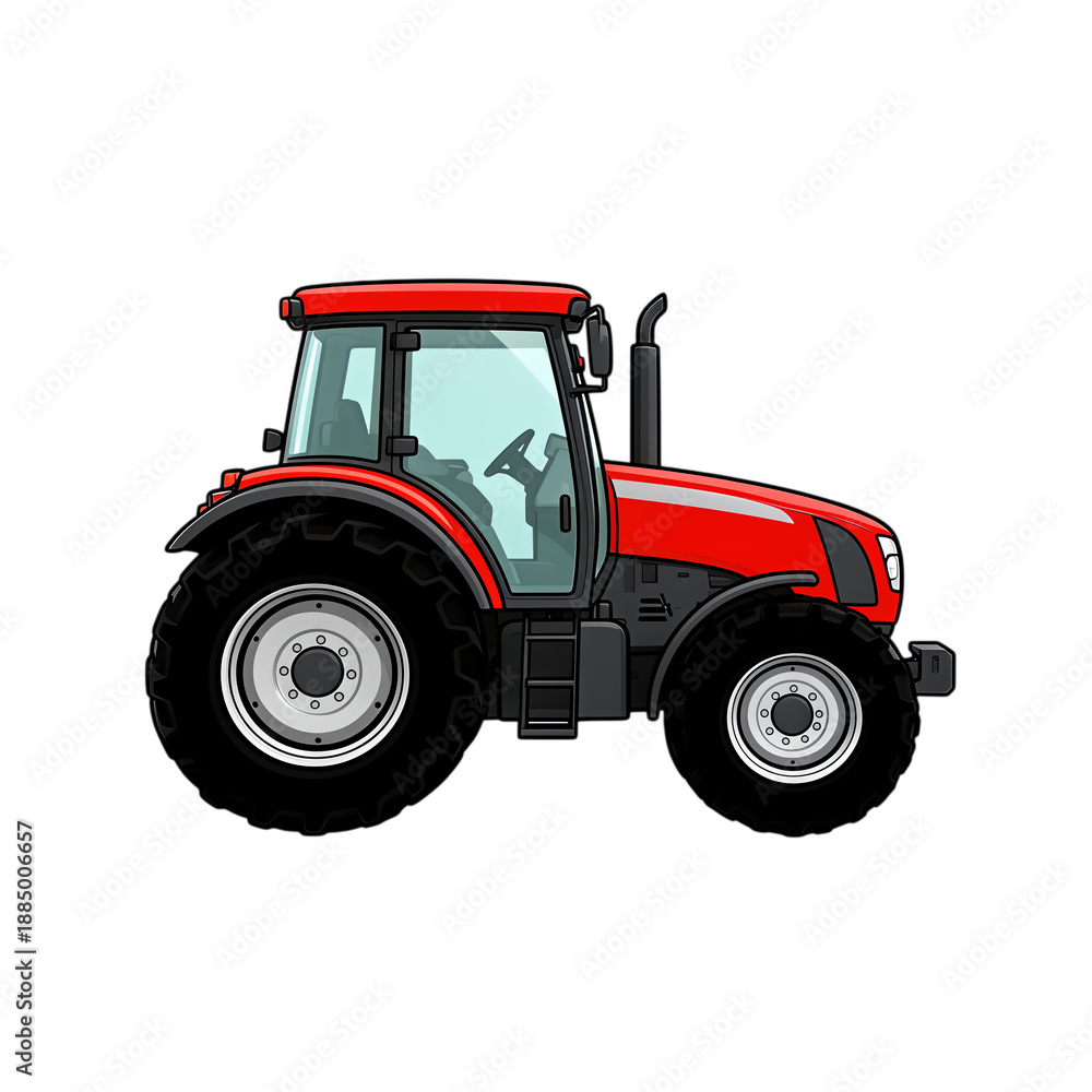 Obraz premium Red tractor with large wheels and cab.