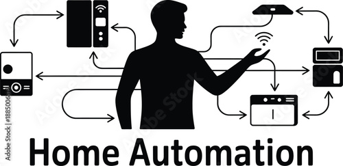 Silhouette of a person controlling smart home devices with arrows