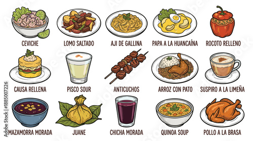 Photograph showcasing traditional Peruvian dishes arranged in a four‑by‑four grid on a clean white backdrop, highlighting culinary heritage from Peru with a detailed viewpoint