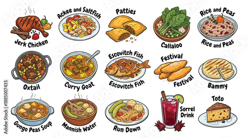Vibrant Jamaican cuisine dishes celebrating cultural tradition, captured in a detailed illustration view of a colorful food grid showcasing sixteen iconic Caribbean meals