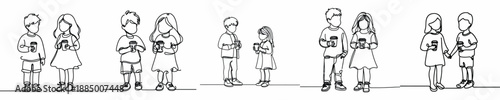 line art of two child standing drinking coffee together