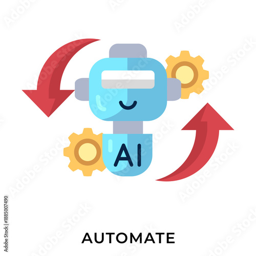 AI Automation Flat Icon – Robot Automation Illustration with Gears and Loop Arrows, AI Workflow Process