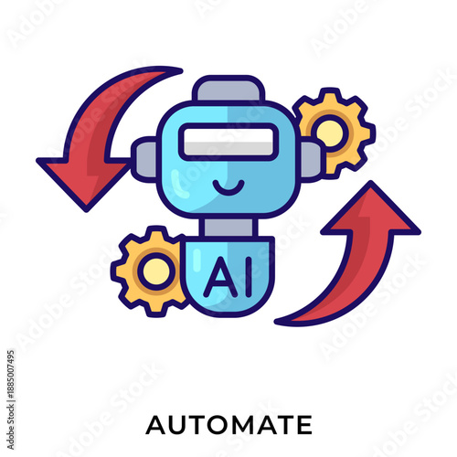 AI Automation Lineal Color Icon – Robot with Gears and Cycle Arrows, Automated Workflow Symbol