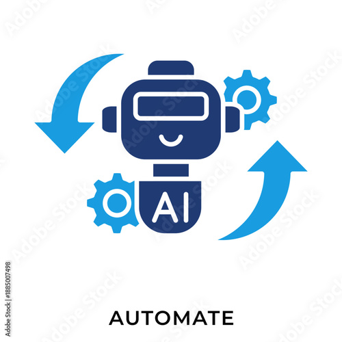AI Automation Blue Glyph Icon – Robot with Gear and Cycle Arrows, Automated Process Symbol