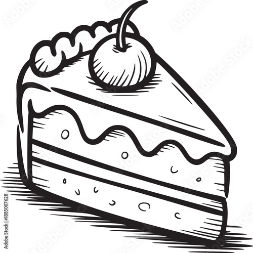 Illustration of a slice of cake with a cherry on top and icing in black and white outline style