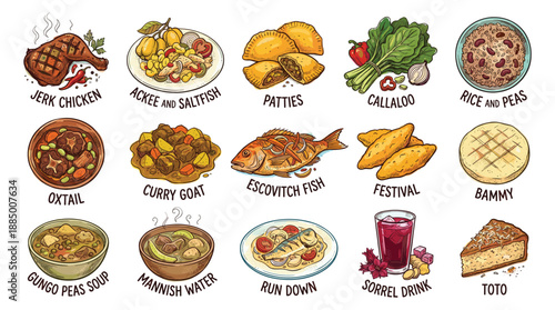 a vibrant illustration of traditional dishes arranged in four colorful rows, viewed from a playful perspective on a clean white backdrop