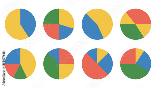 Colorful pie charts vector, professional data visualization graphics for business reports, financial analysis, marketing insights, presentations.