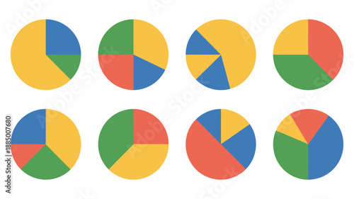 Colorful pie charts vector, professional data visualization graphics for business reports, financial analysis, marketing insights, presentations.