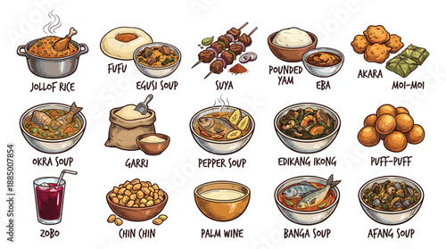 Vibrant cartoon illustration showcasing a colorful grid of sixteen cuisine dishes, presented in a bright studio setting from a top‑down viewpoint for promotional use