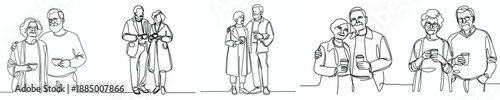 line art of a old couple standing drinking coffee together
