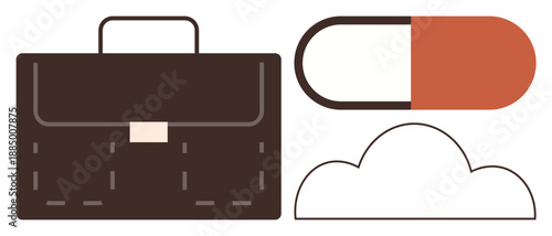 Business strategy, healthcare, technology, innovation, work-life balance, data solutions. A brown briefcase, a red-and-white pill and a cloud icon. Business and healthcare conceptual