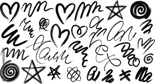 Black handwritten symbols and letters  heart star swirl