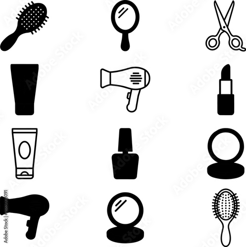 Beauty tools, grooming accessories, personal care items, makeup essentials, salon equipment, cosmetic icons for fashion and lifestyle design