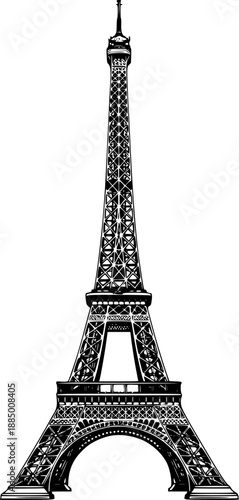 Minimal Vertical Vintage Engraved Eiffel Tower Illustration with Clean White Space for Posters, Branding, Travel Prints, and Editorial Use