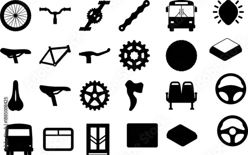 Bicycle and vehicle component icon set with 24 black silhouette symbols for transport and mechanical design content.