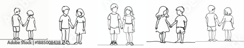 line art of two small children holding hands together