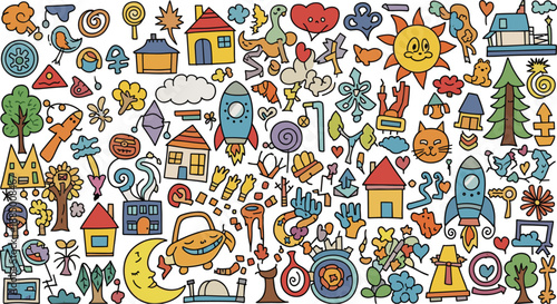 Colorful cartoon doodles of and symbols 