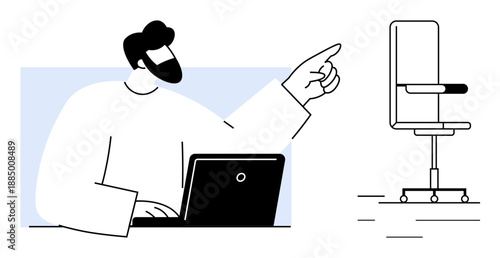 Workplace dynamics, decision-making, office communication, business strategy, team collaboration, employee management. Man using a laptop while gesturing towards an office chair. Workplace dynamics