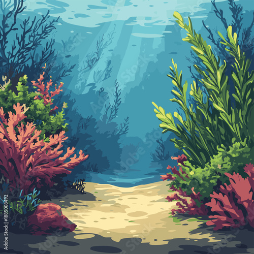 Vibrant underwater garden illustration featuring lush green kelp and colorful coral formations on a sandy seabed , vector style simple color