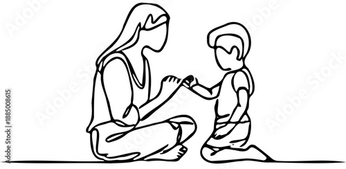 continuous one line drawing of a mother and son sitting and playing together