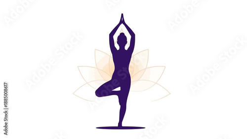 Yoga tree pose silhouette with lotus flower background