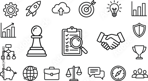 Business and productivity icon set with 20 black line symbols for strategy, growth, and teamwork design content