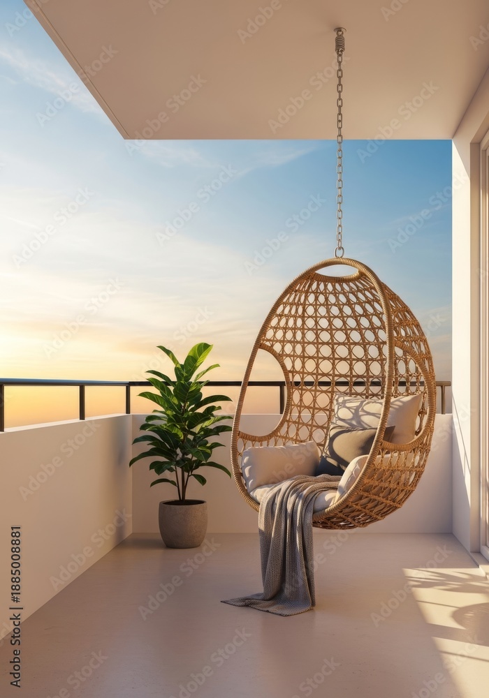 Obraz premium Peaceful minimalist balcony design showcasing a wicker hanging egg chair perfect for relaxation during a beautiful, tranquil golden hour sunset, atmosphere, Balcony, egg chair