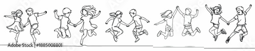 line art of two small children happily jumping together