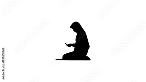 A solid black silhouette of a person (appearing to be a woman in a headscarf) sitting in a kneeling position with hands raised in a humble prayer or supplication.