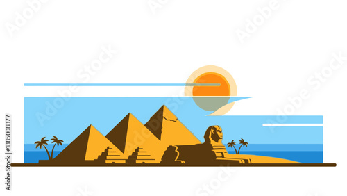 Egyptian Pyramids and Sphinx in a stylized flat design with palm trees